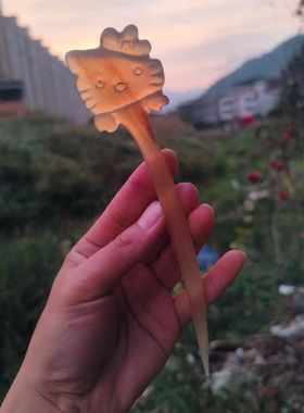 猫咪发簪定制羊角手工制作凯蒂猫手工雕刻可爱卡通簪子