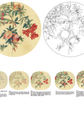 国画底稿白描线稿熟宣卡纸石榴直接上色圆形花鸟初学者临摹练习