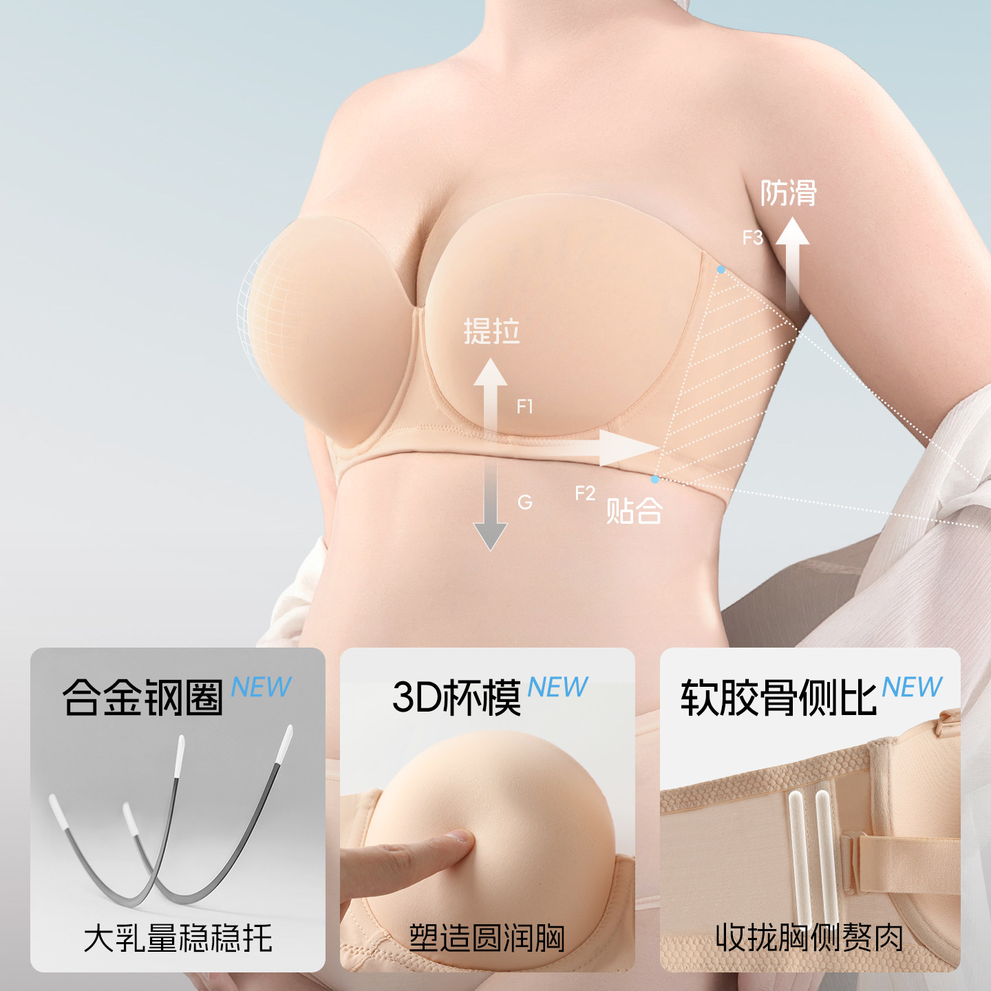 倾慕艺生大码无肩带文胸光面无痕防滑聚拢防下垂薄款裹胸婚纱bra