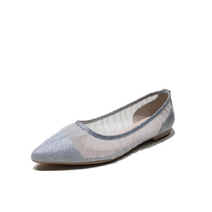 2020春新款JC高跟鞋婚纱单鞋女性感网纱褶皱蕾丝仙女风尖头平底鞋