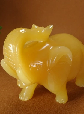 天然米黄玉大象一对桌面摆件