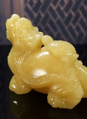天然新中式米黄玉子母龙龟摆件招财工艺品客厅装饰品玉石雕刻摆设