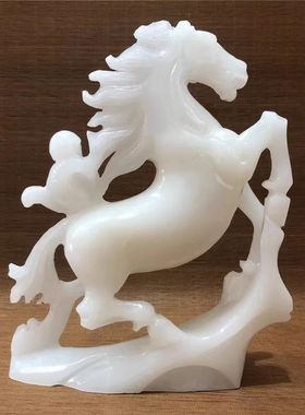 手工雕刻阿富汗天然玉石马上封侯摆件新中式客厅办公室玄关装饰品