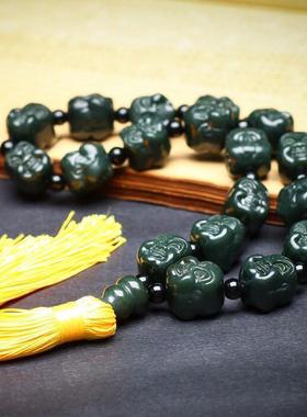 天然新疆和田玉黑青玉山料双面佛头念珠玉佛珠手串手持珠把玩包邮
