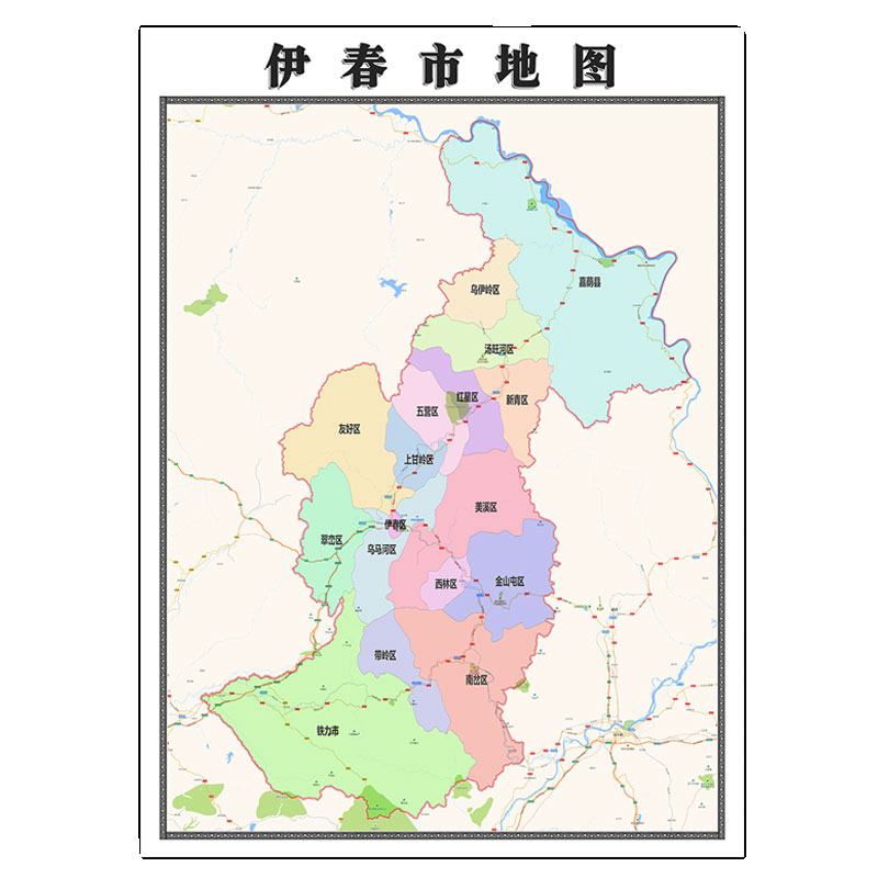 伊春市地图1.15m折叠家用高清办公室会议室书房新款墙贴装饰画