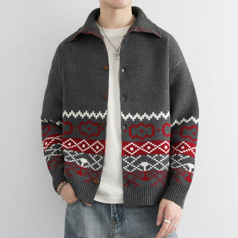 慵懒风宽松翻领毛衣男春秋季韩系潮牌提花针织开衫外套情侣装夹克,淘宝优惠券,粉丝福利购,淘宝优惠卷