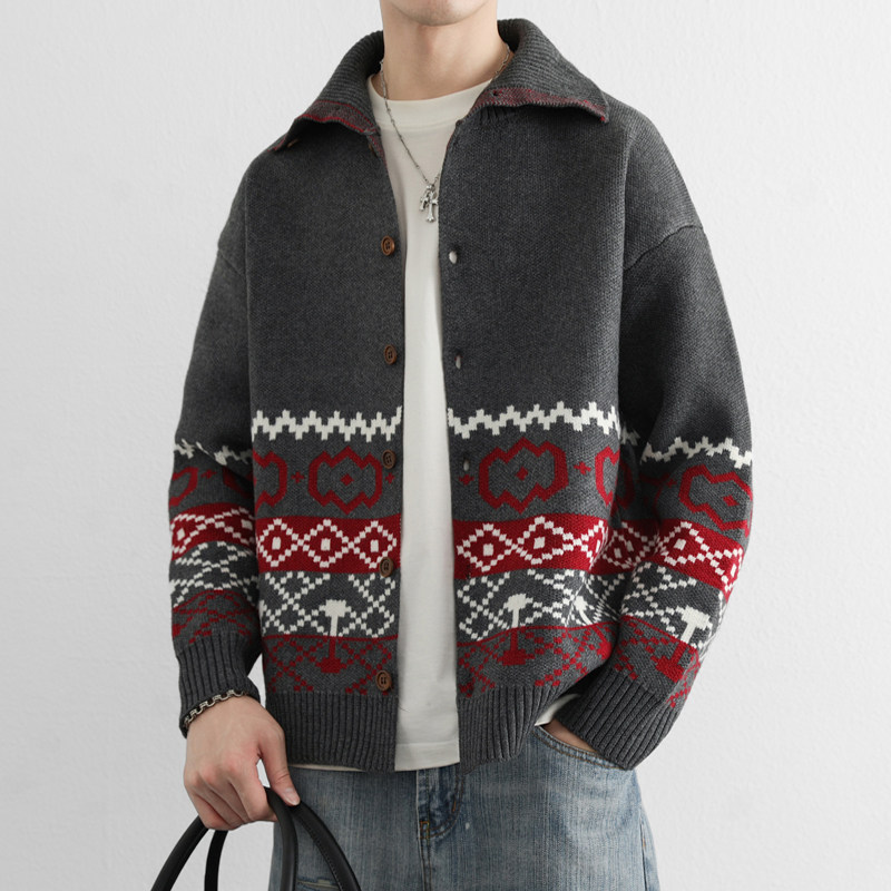 慵懒风宽松翻领毛衣男春秋季韩系潮牌提花针织开衫外套情侣装夹克,淘宝优惠券,粉丝福利购,淘宝优惠卷