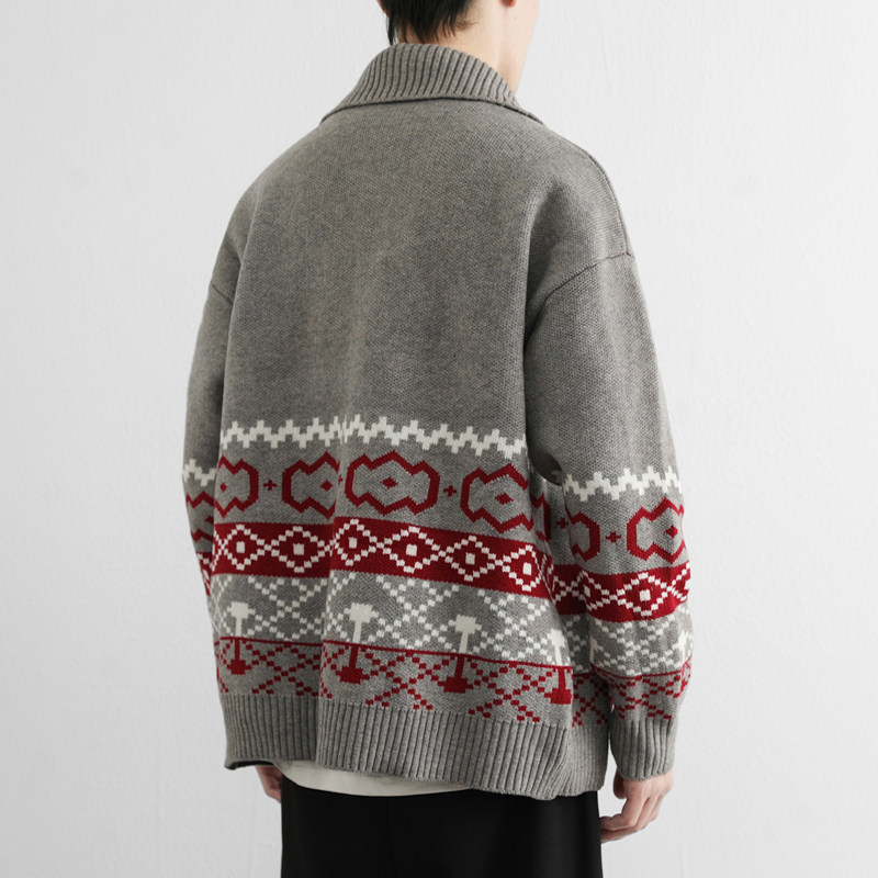 慵懒风宽松翻领毛衣男春秋季韩系潮牌提花针织开衫外套情侣装夹克,淘宝优惠券,粉丝福利购,淘宝优惠卷