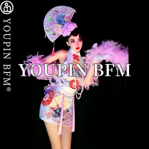 酒吧gogo演出服粉色玫瑰花羽毛性感旗袍国潮派对夜店DS表演服古风 - 图0