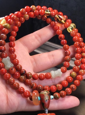 天然南红九口料柔光包浆108珠多圈手链富甲天下高冰荔枝冻吊坠女
