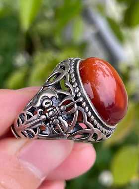 精品南红玛瑙男款戒指925银活口镶嵌珠宝古玩收藏旧物件手串