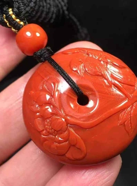瓦西南红玛瑙雕刻平安扣吊坠挂件锁骨链鸟语花香柿子红满色满肉女