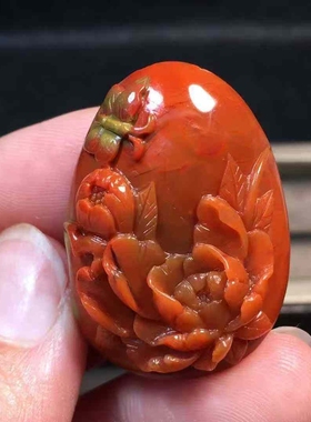 巧家南红玛瑙黄皮包浆花开富贵吊坠苏工雕刻男女款玉石收藏