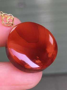 南红玛瑙精品瓦西玫红圆牌18k金扣头镶嵌吊坠挂件玉石男女款