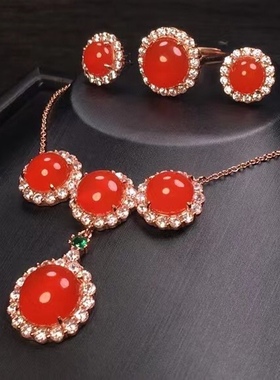 原矿保山南红冰红三件套装耳坠环戒指天珠三通复古背云流行时尚女
