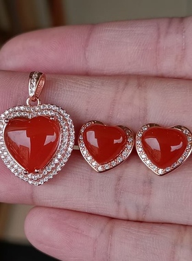 天然南红玛瑙套装吊坠耳钉满色满肉柿子红套装精美靓丽百搭女士款