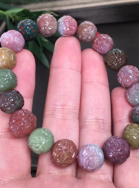 天然盐源玛瑙雕刻件牡丹花珠手串雕工精细干净无杂裂单圈圆珠手链