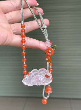 精品川料南红特色高冰飘花好运连连莲花锁骨链百搭手链项链吊坠女