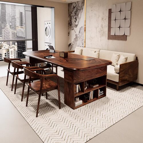 德国整板南美胡桃木客厅实木带抽屉书桌书架一体桌写字桌办公桌 - 图0