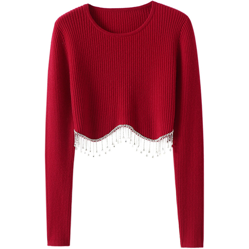 舞台千金风！手工流苏钻圆领羊绒衫女短款纯羊绒毛衣修身针织衫,淘宝优惠券,粉丝福利购,淘宝优惠卷