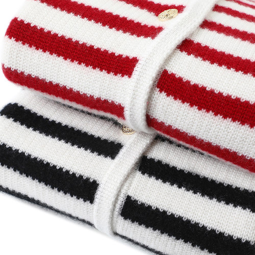 启超官方！600克+优雅与爱共栖~撞色条纹小香风纯羊绒针织开衫女 - 图1