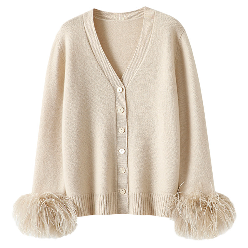 官方正品！可拆卸鸵鸟毛加厚100%纯山羊绒开衫女毛衣针织开衫外套,淘宝优惠券,粉丝福利购,淘宝优惠卷