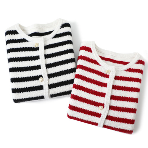 启超官方！600克+优雅与爱共栖~撞色条纹小香风纯羊绒针织开衫女 - 图0