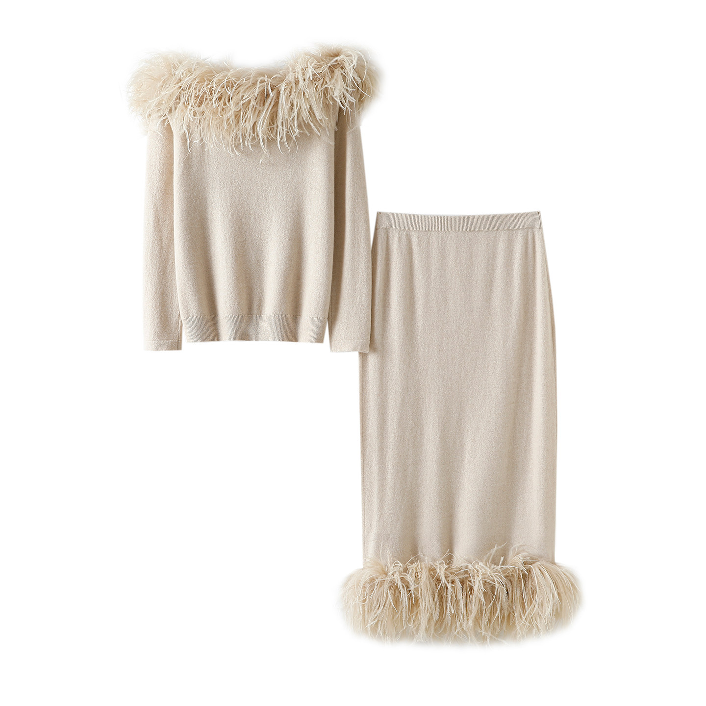 哇~太惊艳了！鸵鸟毛100%纯山羊绒衫女一字领半身包臀裙子套装,淘宝优惠券,粉丝福利购,淘宝优惠卷