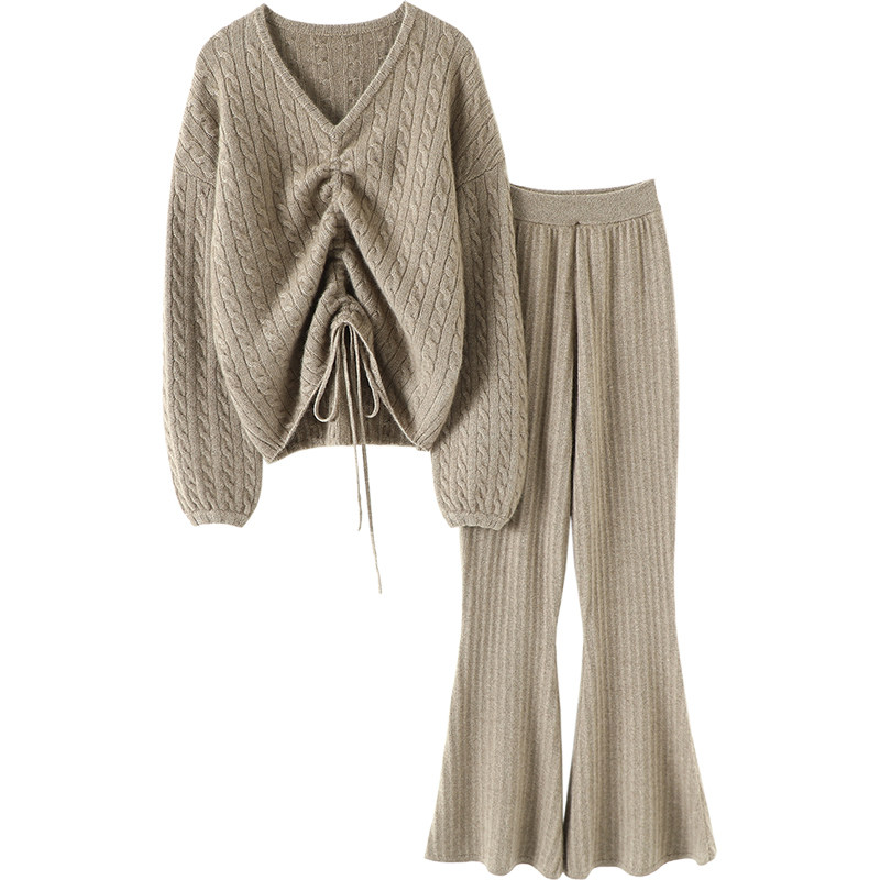 上身时髦底气！绞花抽绳灯笼袖羊绒衫女羊绒裤子喇叭裤纯羊绒套装,淘宝优惠券,粉丝福利购,淘宝优惠卷