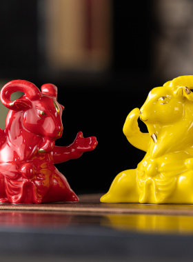 土黄色陶瓷羊摆件生肖功夫羊化解西南缺角补角招财风水家居吉祥物