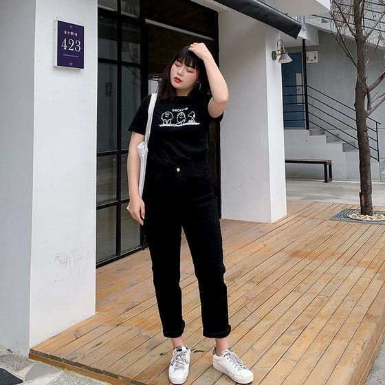 Plus size women's black slimming straight jeans dad pants