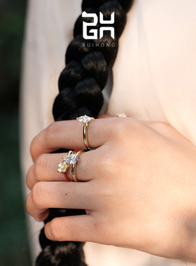 瑞红925银镀金国风叠戴戒指礼物