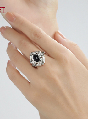 瑞红女纯银镶嵌黑玛瑙民族风戒指
