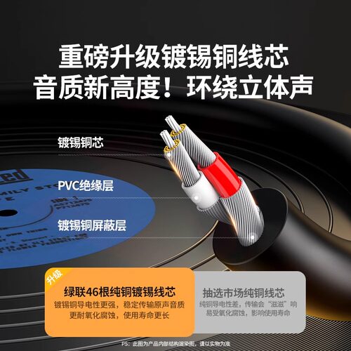 绿联 双莲花头音频线2rca二对二红白梅花插头纯铜信号输出线通用 - 图1