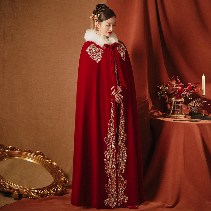秀禾服结婚披风红色冬季新娘毛披肩 依鸾围巾/丝巾/披肩