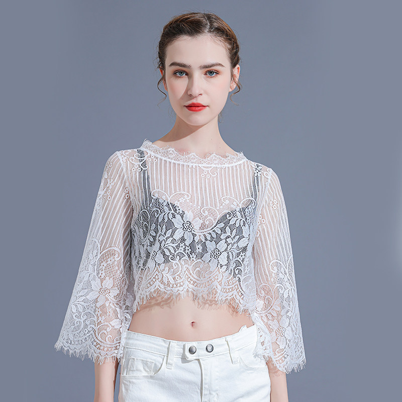 半截蕾丝内搭夏百搭短款透视打底衫 悦吻蕾丝衫/雪纺衫