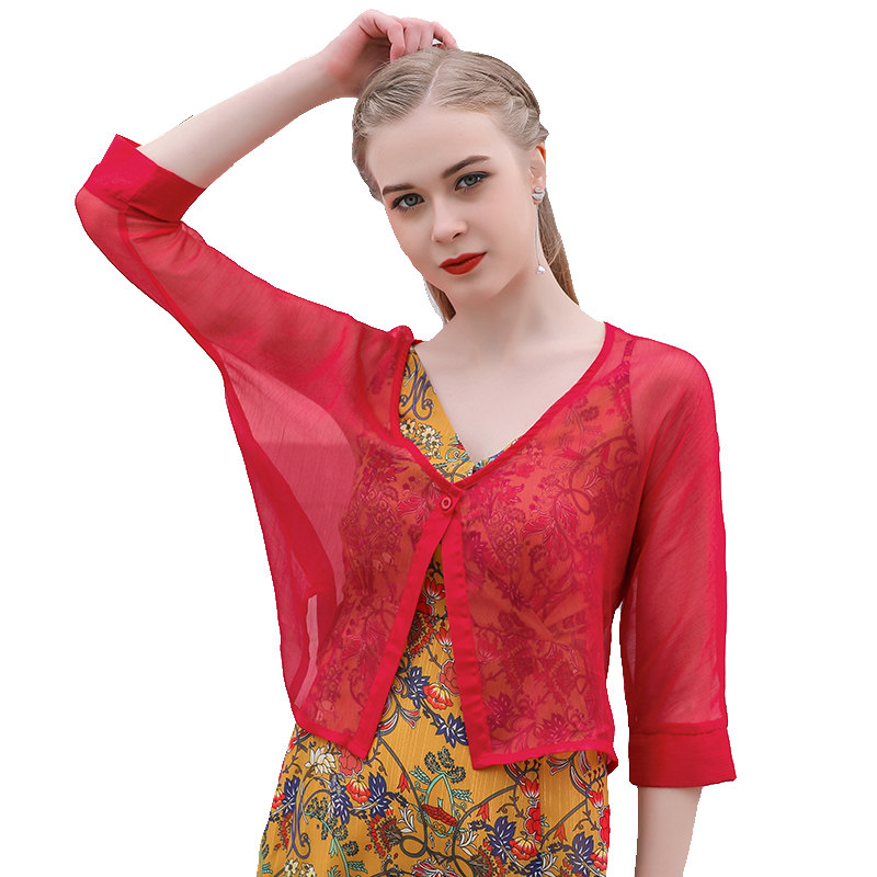 真丝皱雪纺披肩夏季外搭开衫裙子 悦吻短外套