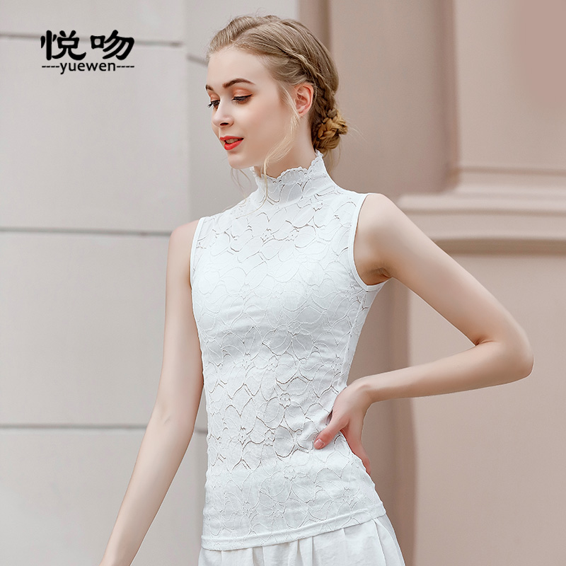 欧美春秋半高领无袖蕾丝洋气打底衫 悦吻蕾丝衫/雪纺衫