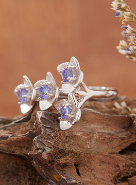 法国cherry kitty宝石坦桑石戒指女s925银彩宝首饰个性花朵设计