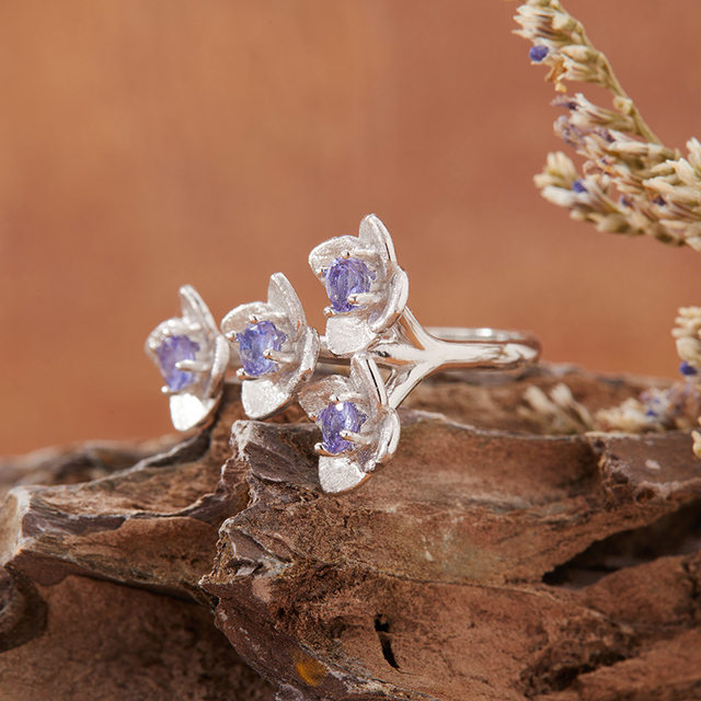 French Cherry Kitty Gemstone Tanzanite Ring Women's S925 Silver Colored Jewelry Personalized Flower Design