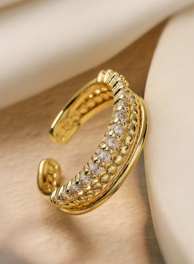 法国cherry kitty 简约个性铜镀18k金锆石双层几何开口戒指