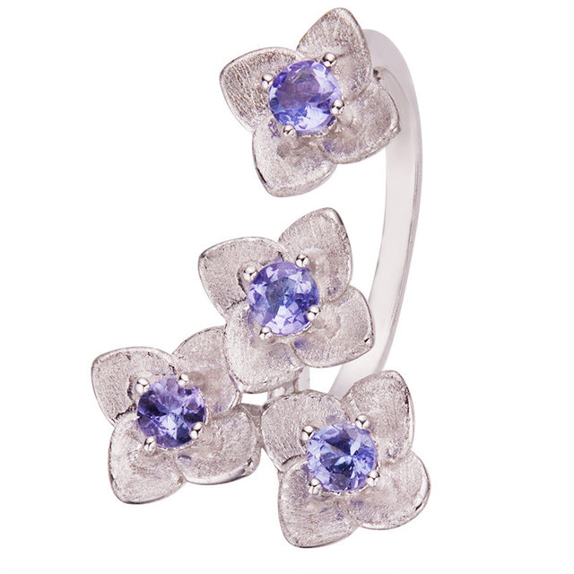 French Cherry Kitty Gemstone Tanzanite Ring Women's S925 Silver Colored Jewelry Personalized Flower Design