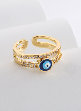法国cherry kitty  小众铜镀18k金锆石滴油恶魔之眼几何开口戒指
