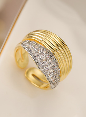 法国cherry kitty 欧美时尚轻奢双色电镀锆石几何开口戒指女小众