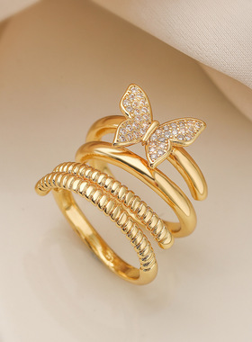 法国cherry kitty 时尚轻奢铜镀锆石蝴蝶开口戒指女小众甜美双层