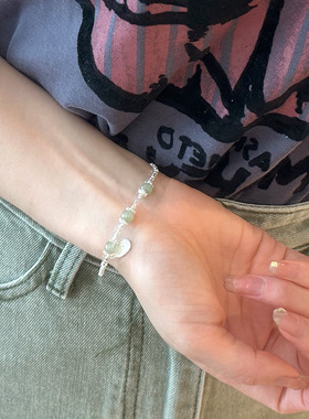 法国cherry kittys925银和田玉喜乐碎银子手链女手工设计百搭玉石