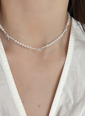 法国cherry kittys925银施家珍珠蝴蝶结手链项链女简约甜美公主风