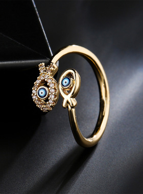 法国cherry kitty  滴油恶魔之眼指环 铜镀双鱼设计几何开口戒指