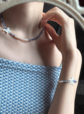 法国cherry kittys925银珍珠贝壳蝴蝶蓝点石项链春天文艺清新新