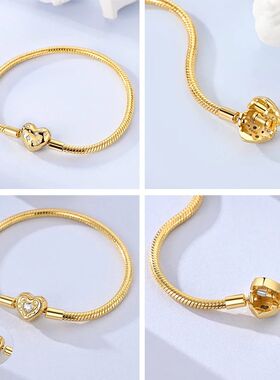 17-20CM Golden Heart Love Key Bracelet 925 Sterling Silver C
